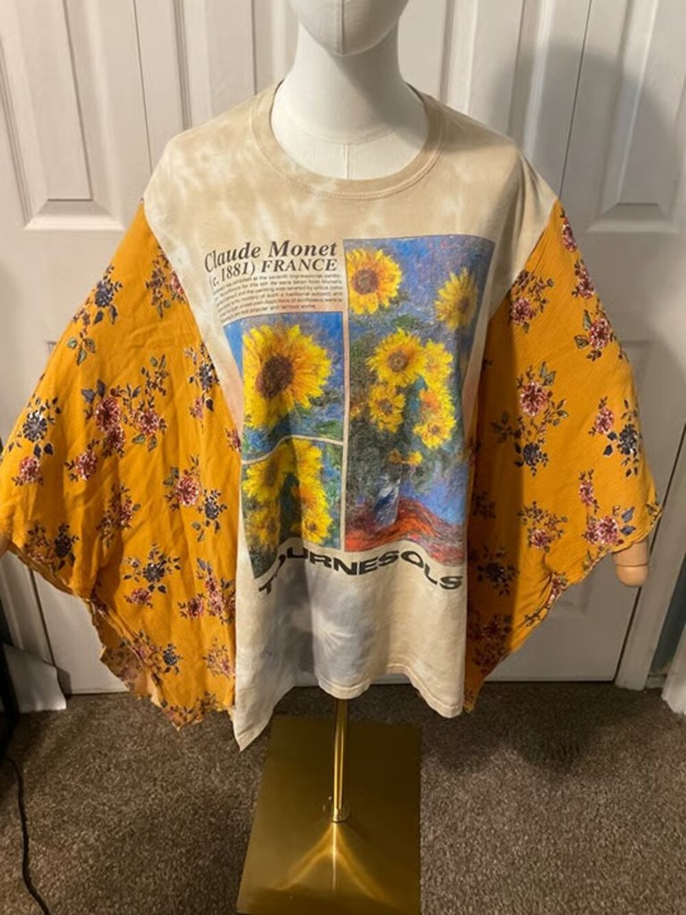 Claude Monet Sunflowers Upcycled Graphic T-Shirt with Flowy Floral Sleeves OSFM
